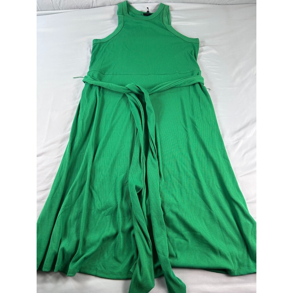 Who What Wear Womens Dress XL Green Ribbed Tie Waist Midi Casual Minimalist NWT - Picture 2 of 8